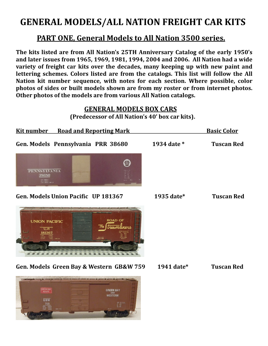 General Models/All Nation Freight Car Kits