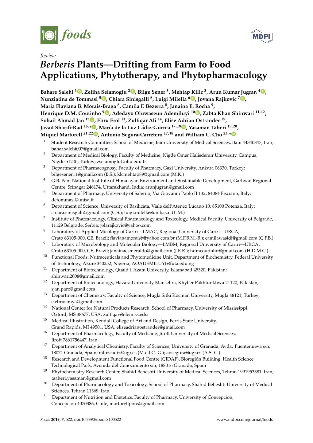 Berberis Plants—Drifting from Farm to Food Applications, Phytotherapy, and Phytopharmacology