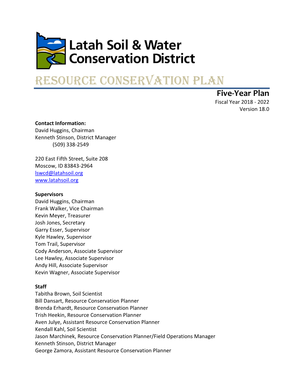 Resource Conservation Plan Five-Year Plan Fiscal Year 2018 - 2022 Version 18.0