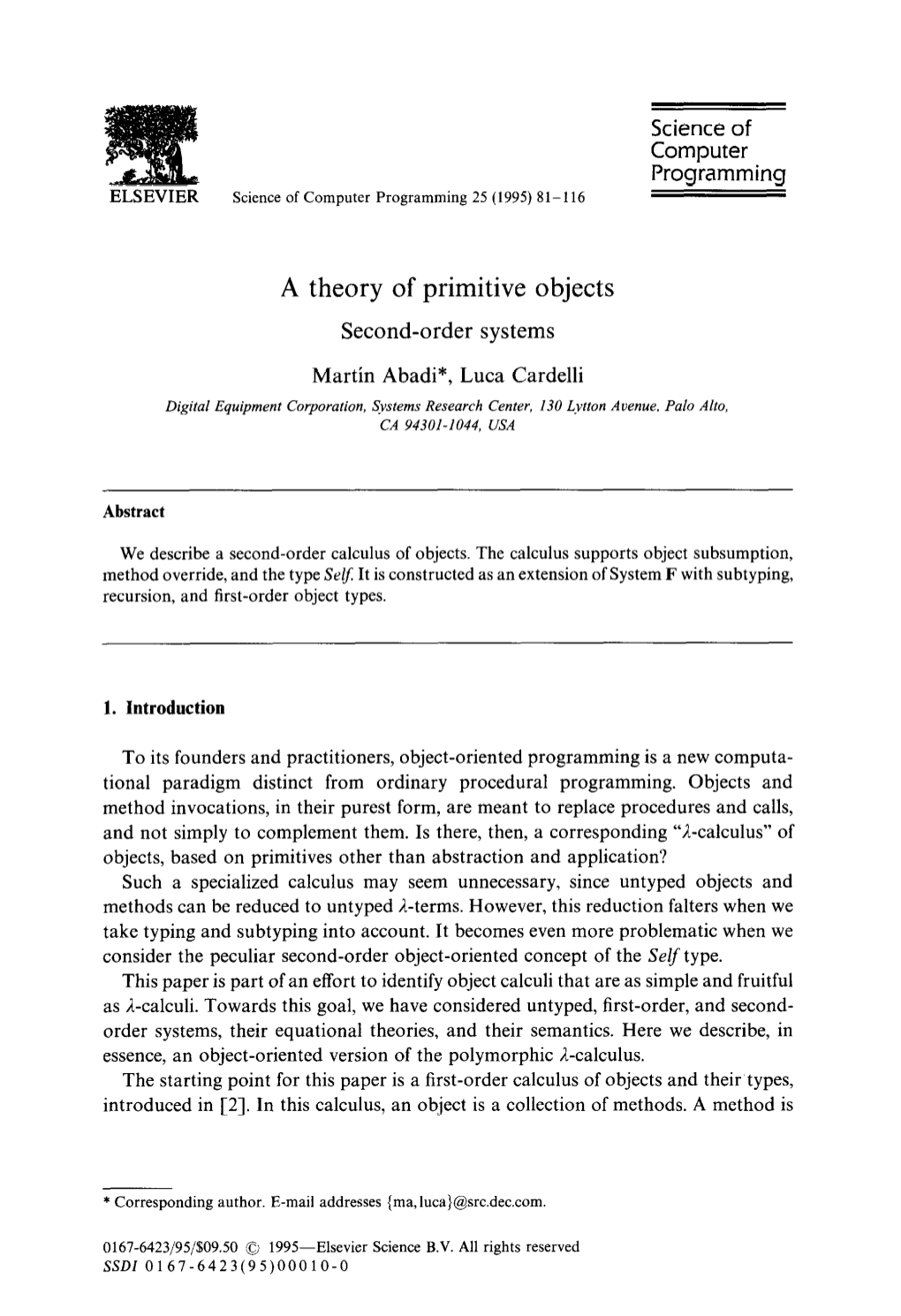 Science of Computer Programming a Theory of Primitive Objects Second
