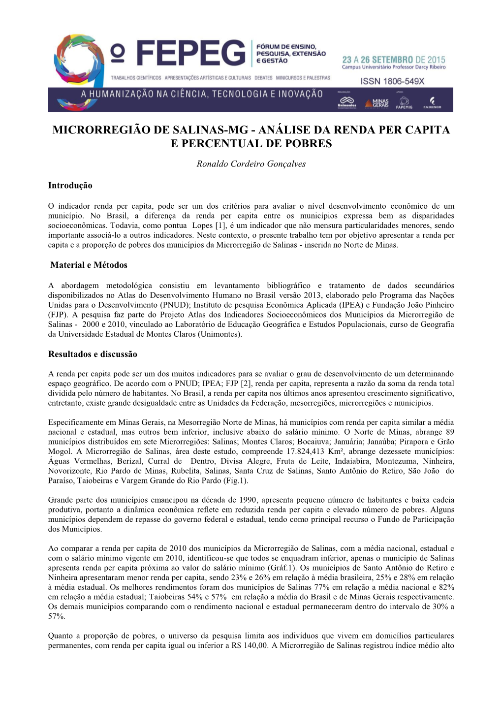 Microrregião De Salinas-Mg - Análise Da Renda Per Capita E Percentual De Pobres