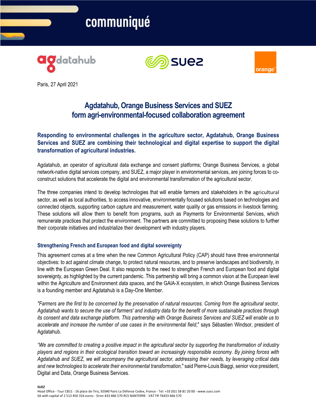 Agdatahub, Orange Business Services and SUEZ Form Agri-Environmental-Focused Collaboration Agreement