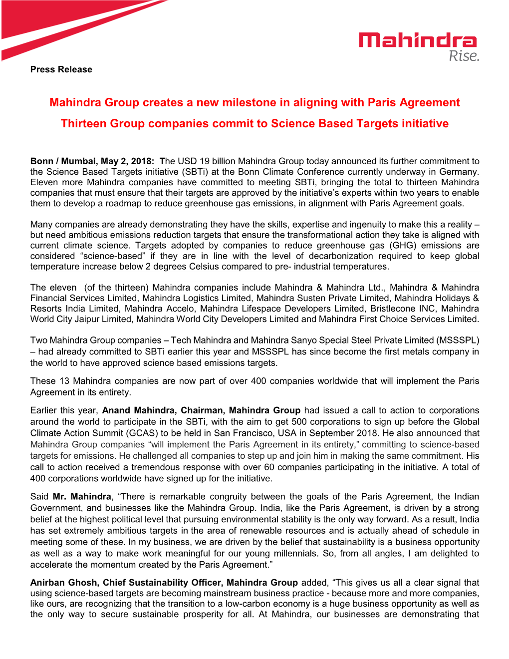 Mahindra Group Creates a New Milestone in Aligning with Paris Agreement Thirteen Group Companies Commit to Science Based Targets Initiative