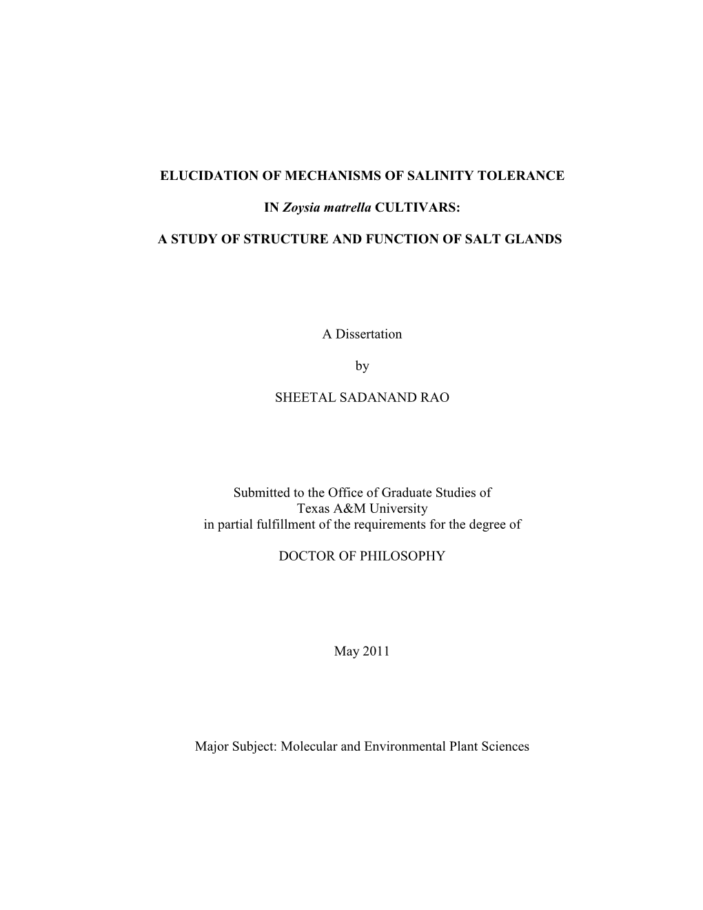 Elucidation of Mechanisms of Salinity Tolerance in Zoysia Matrella Cultivars