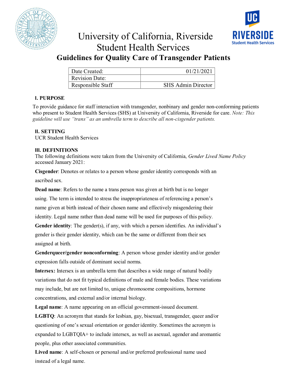 Guidelines for Quality Care of Transgender Patients