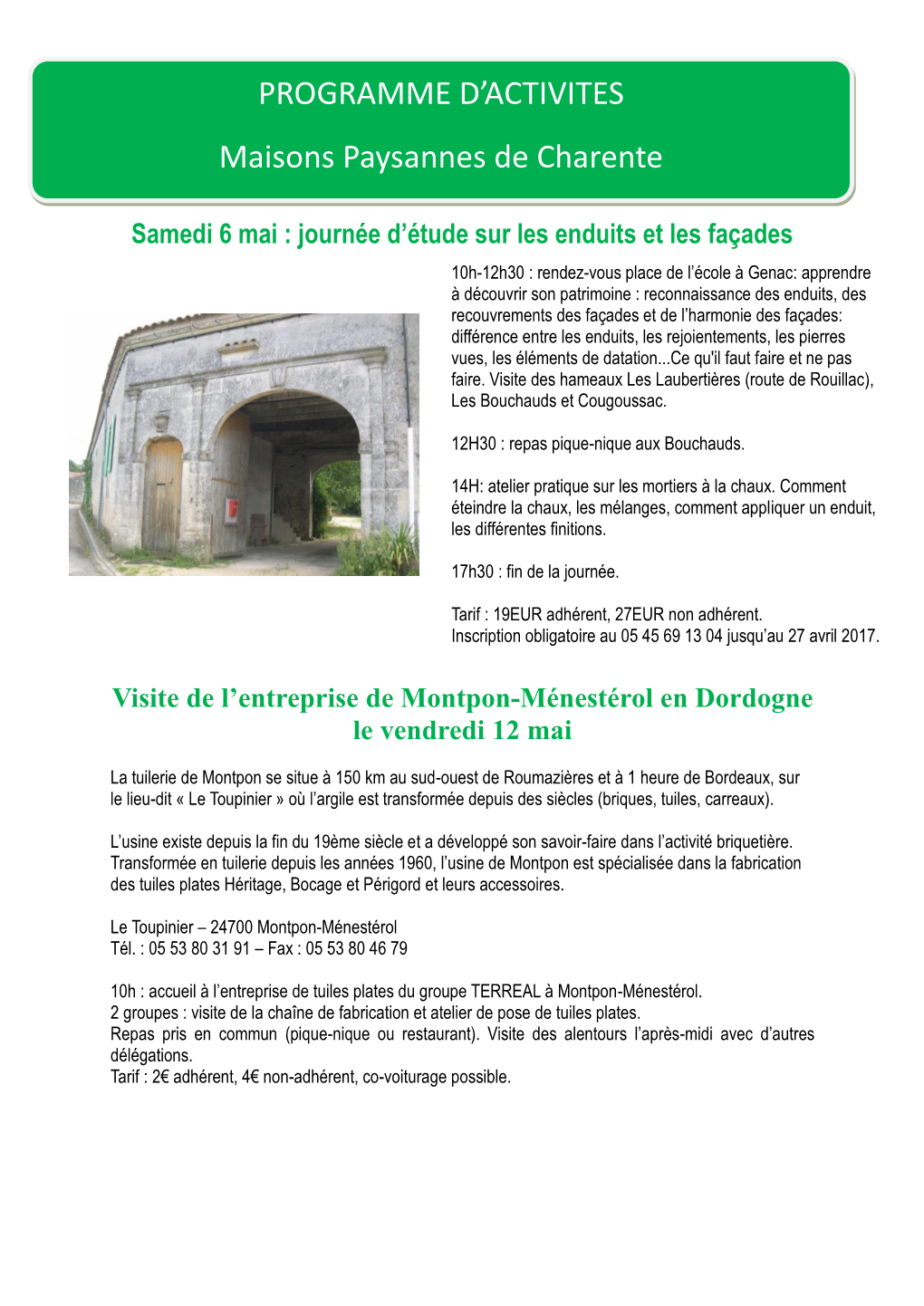 PROGRAMME D'activites Maisons Paysannes De Charente