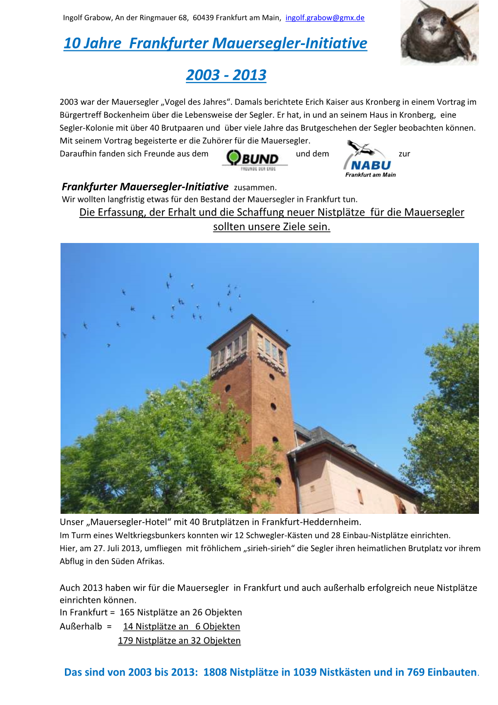 10 Jahre Frankfurter Mauersegler-Initiative 2003 - 2013