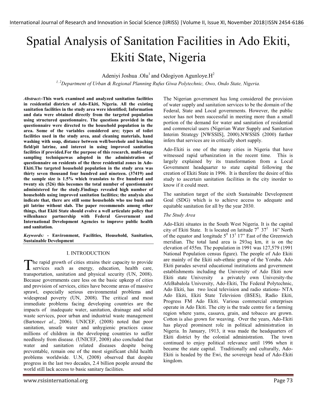 Spatial Analysis of Sanitation Facilities in Ado Ekiti, Ekiti State, Nigeria