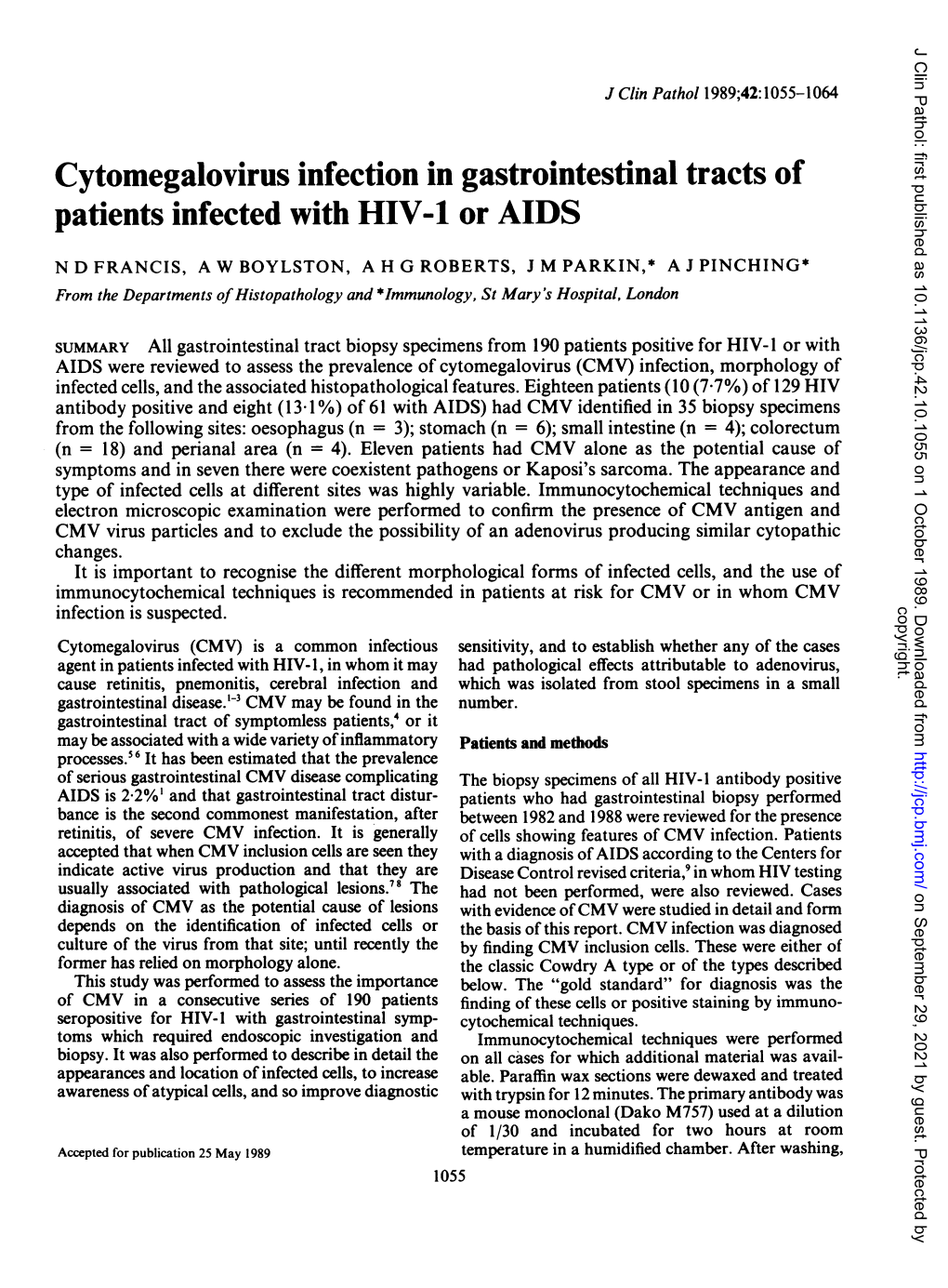 Cytomegalovirus Infection in Gastrointestinal Tracts of Patients Infected with HIV-1 Or AIDS