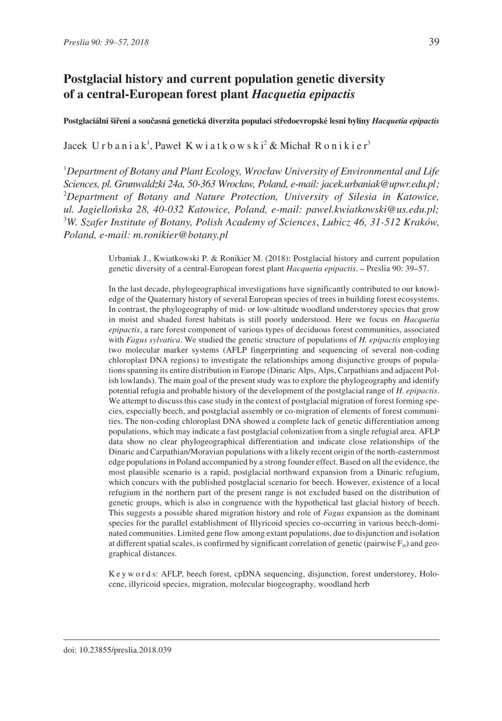 Postglacial History and Current Population Genetic Diversity of a Central-European Forest Plant Hacquetia Epipactis