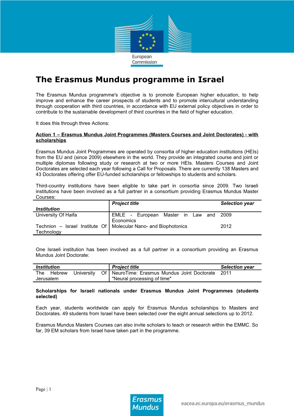 The Erasmus Mundus Programme in Israel