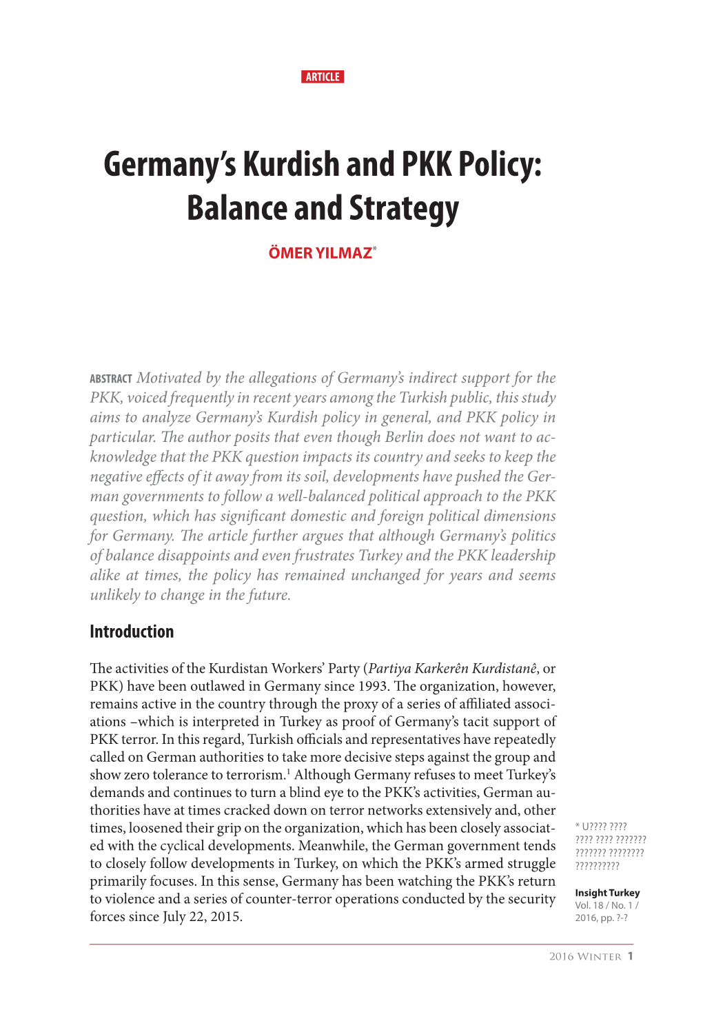 Germany's Kurdish and PKK Policy: Balance and Strategy