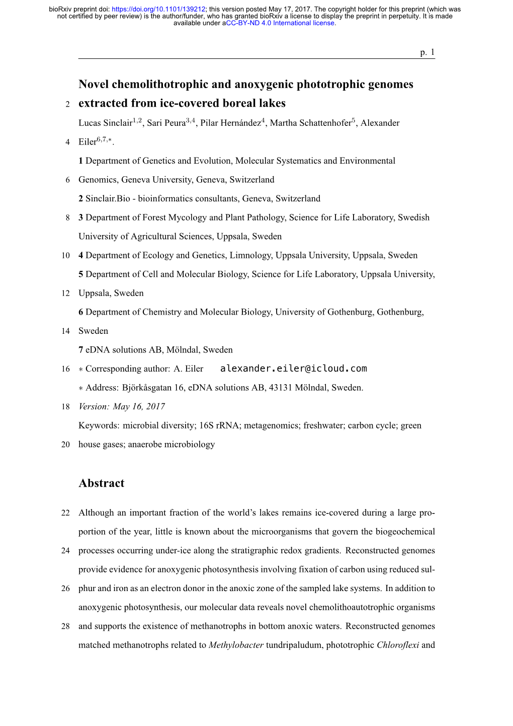 Novel Chemolithotrophic and Anoxygenic Phototrophic Genomes Extracted from Ice-Covered Boreal Lakes