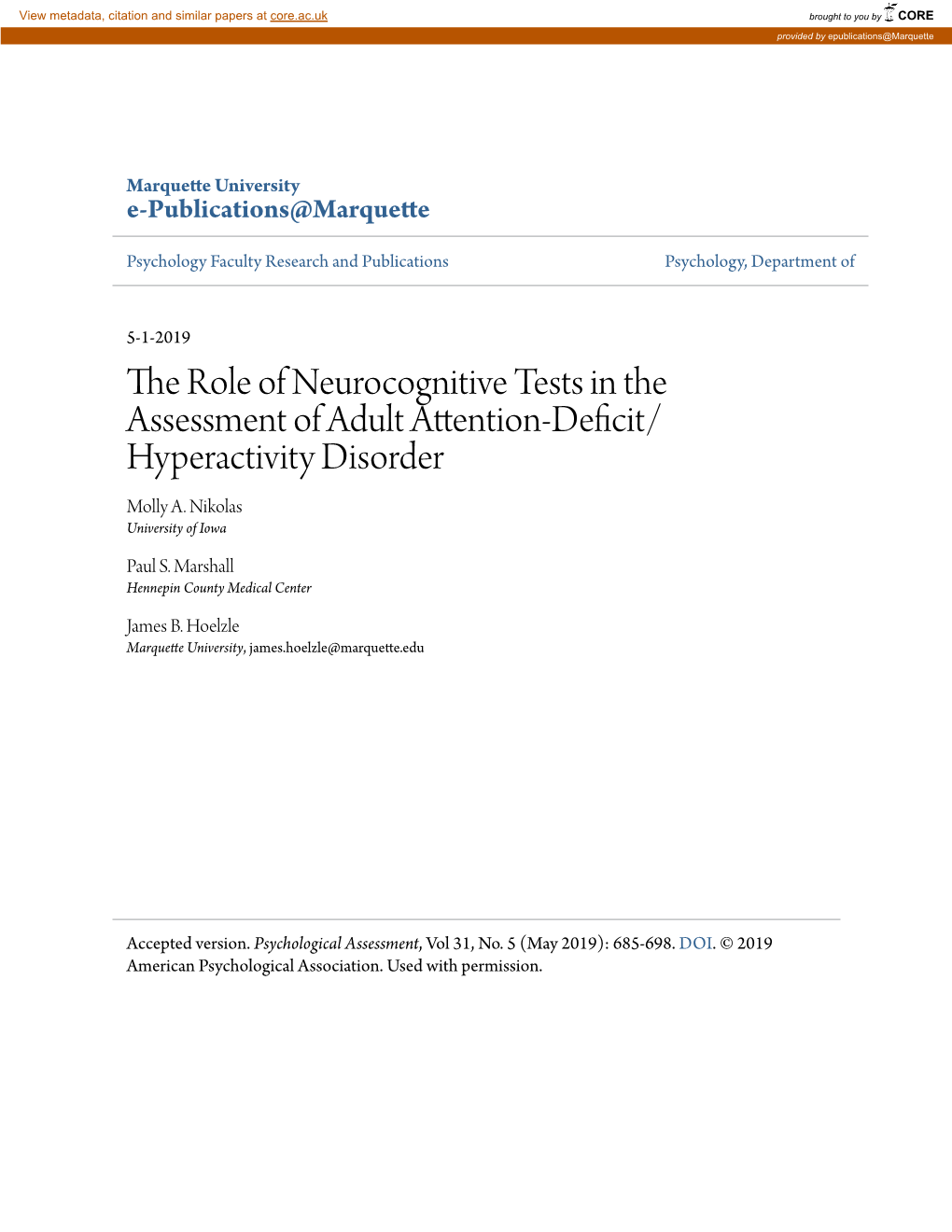 The Role of Neurocognitive Tests in the Assessment of Adult Attention-Deficit/Hyperactivity Disorder