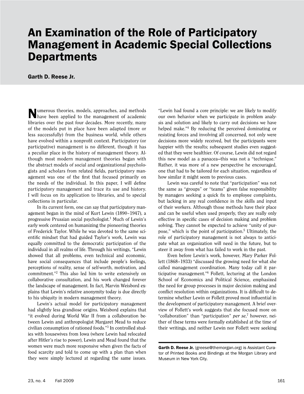 An Examination of the Role of Participatory Management in Academic Special Collections Departments