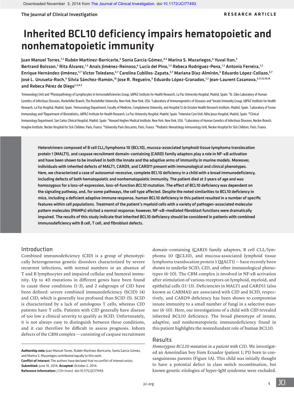 Inherited BCL10 Deficiency Impairs Hematopoietic and Nonhematopoietic Immunity