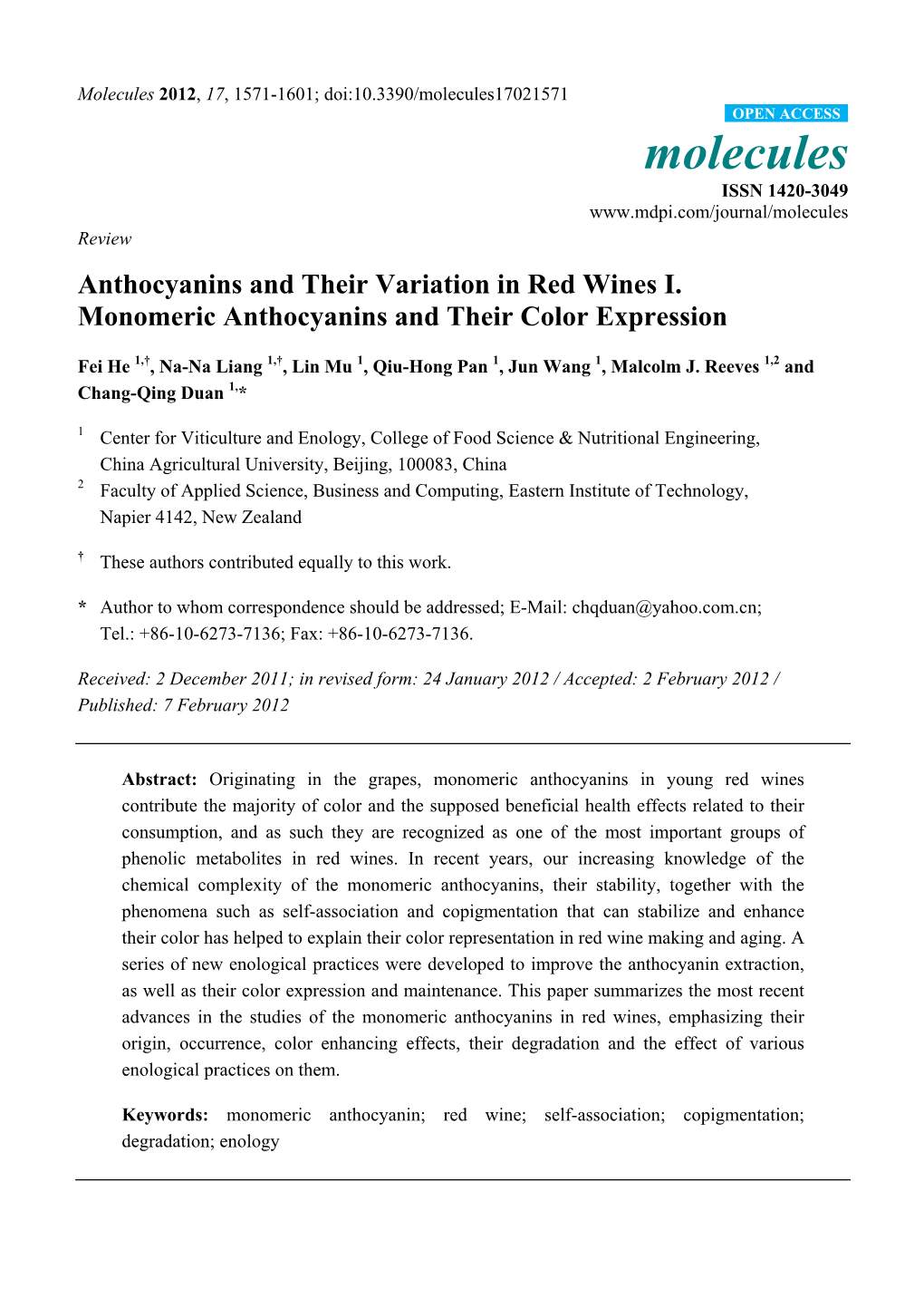 Anthocyanins and Their Variation in Red Wines I. Monomeric Anthocyanins and Their Color Expression