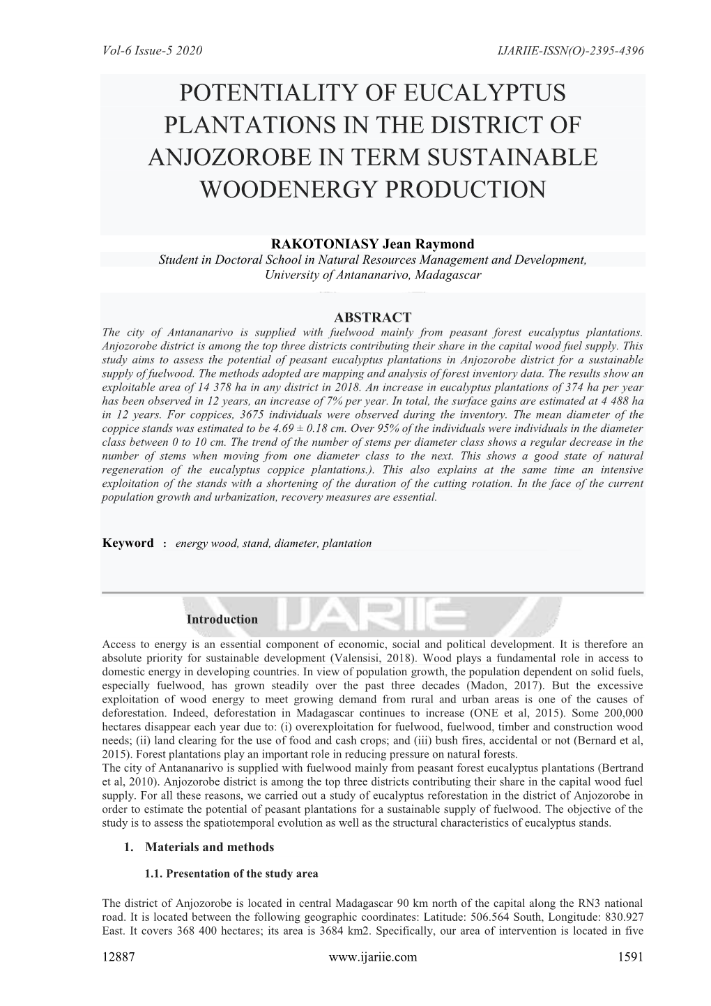 Potentiality of Eucalyptus Plantations in the District of Anjozorobe in Term Sustainable Woodenergy Production