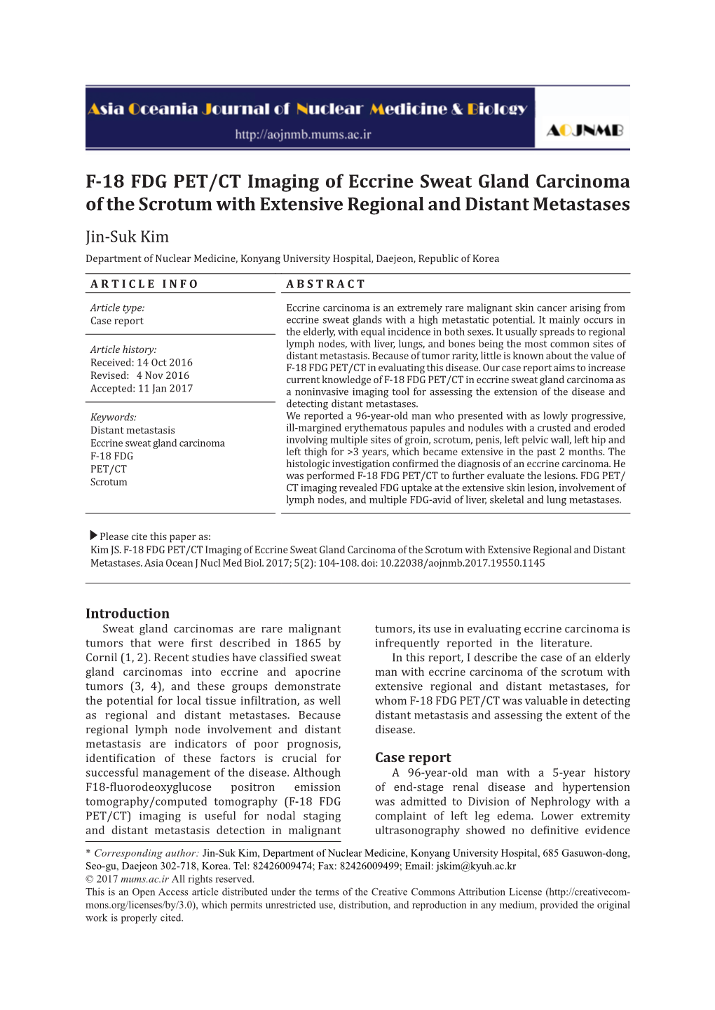 F-18 FDG PET/CT Imaging of Eccrine Sweat Gland Carcinoma of The