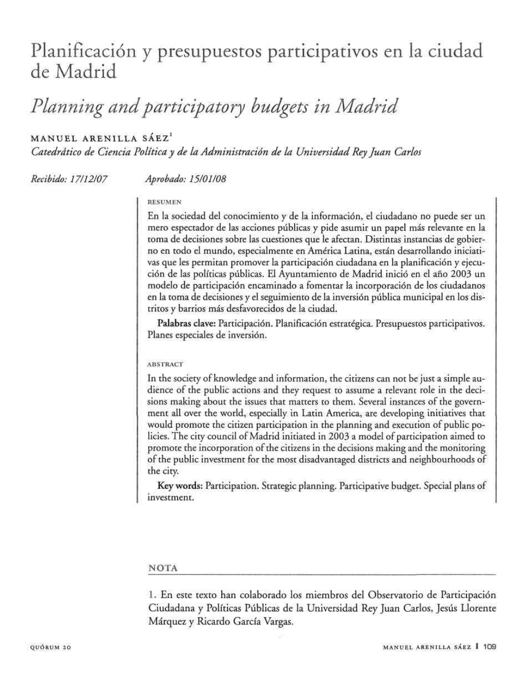 Planificación Y Presupuestos Participativos En La Ciudad De Madrid Planning Andparticipatory Budgets in Madrid