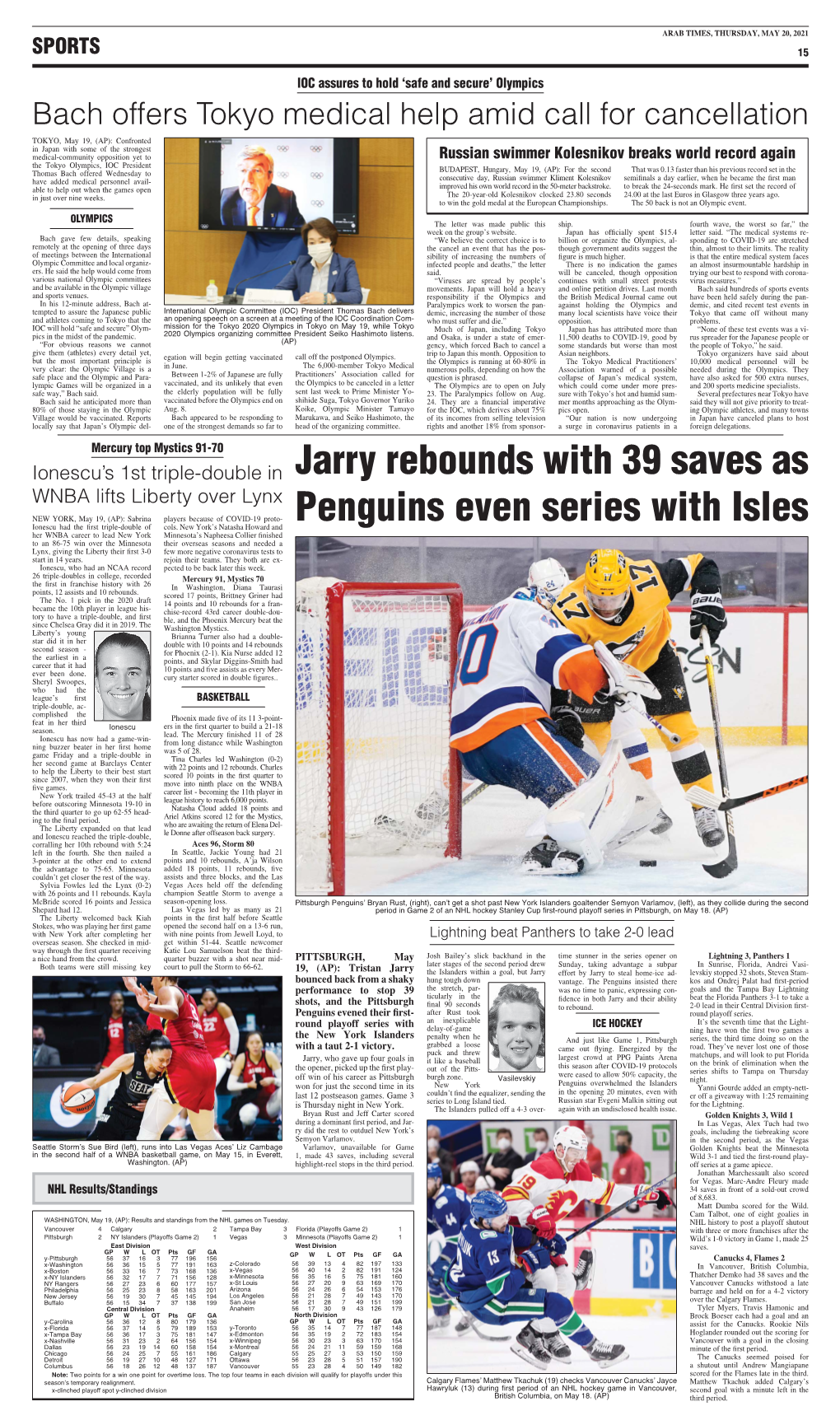 Jarry Rebounds with 39 Saves As Penguins Even Series with Isles