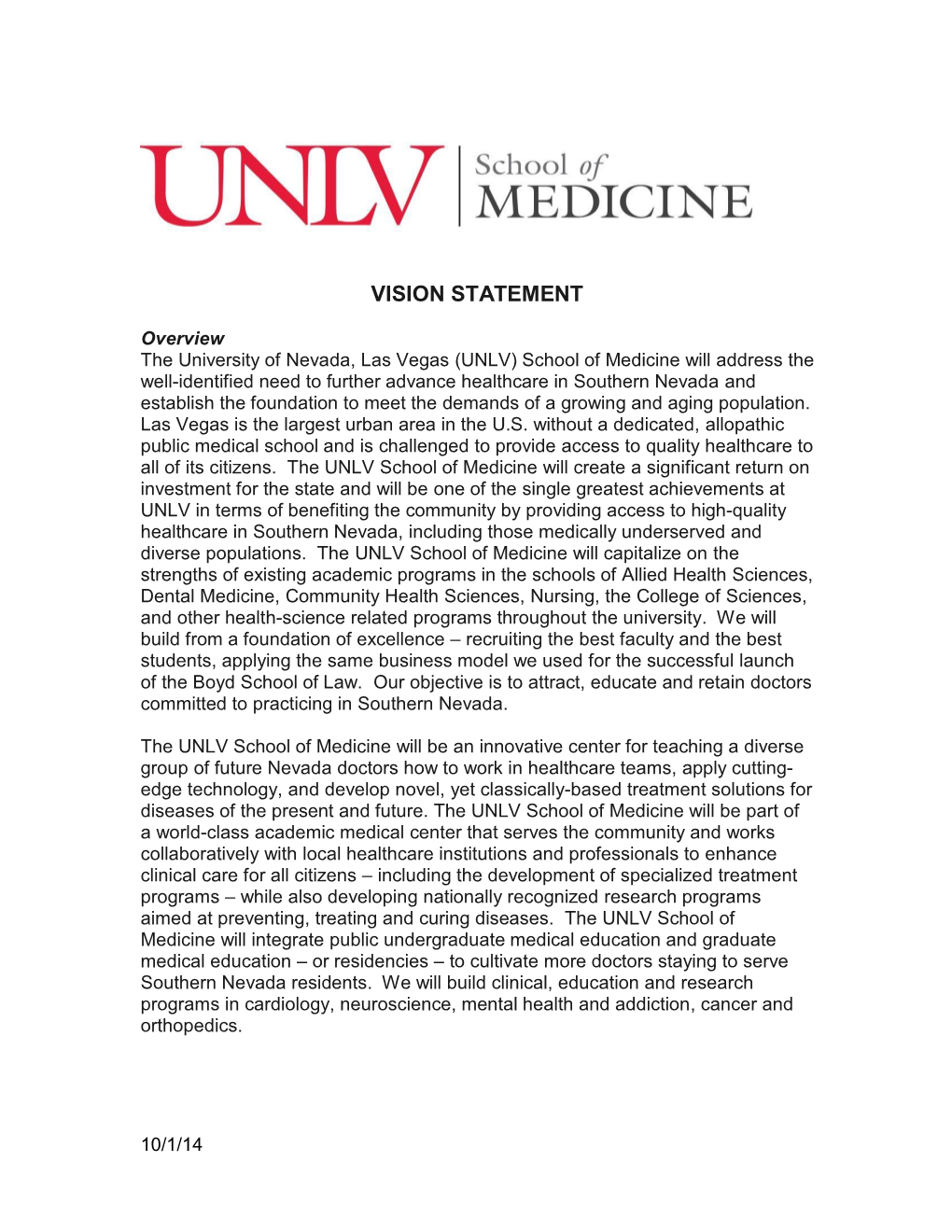 UNLV School of Medicine Vision Statement