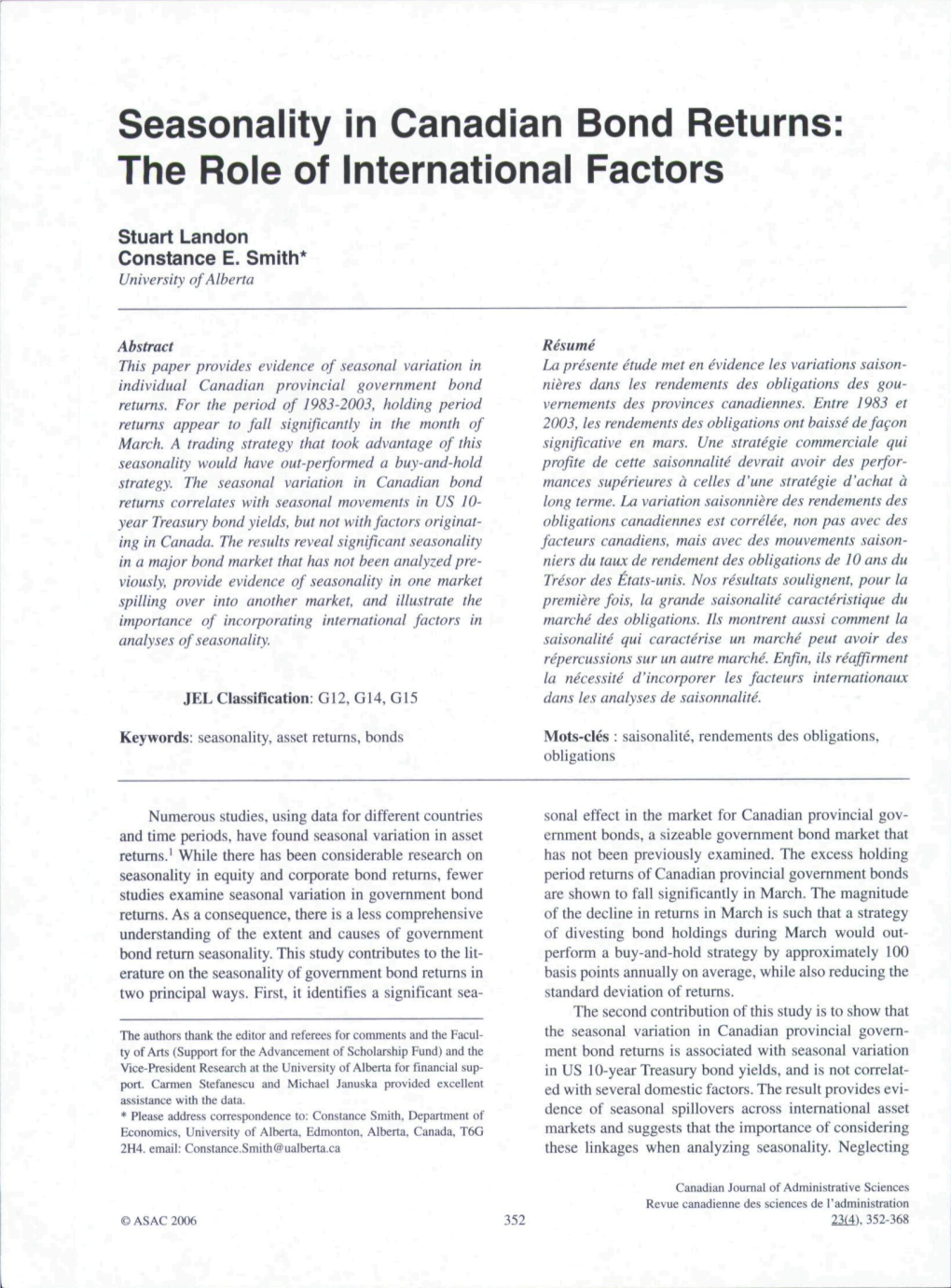 Seasonality in Canadian Bond Returns the Role of Internationai Factors