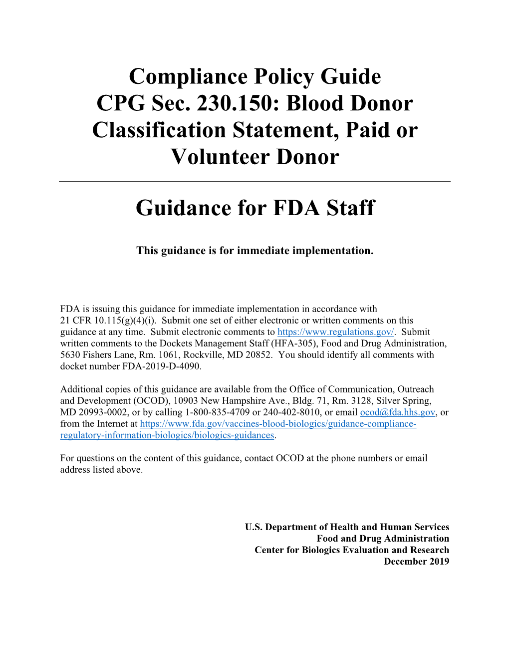 CPG Sec. 230.150: Blood Donor Classification Statement, Paid Or Volunteer Donor