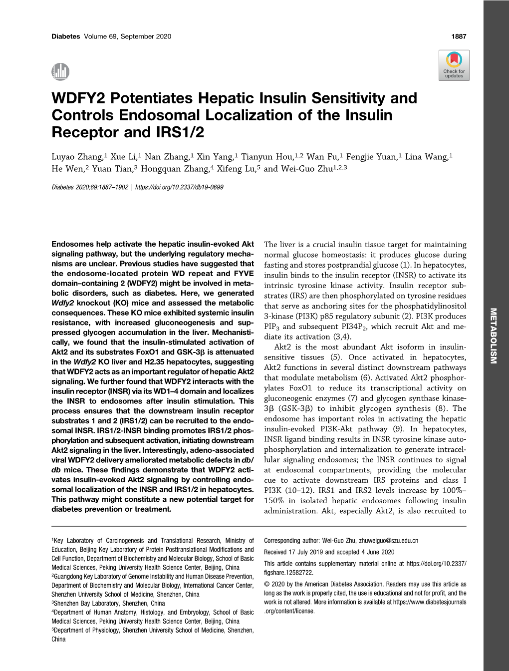 WDFY2 Potentiates Hepatic Insulin Sensitivity and Controls Endosomal Localization of the Insulin Receptor and IRS1/2