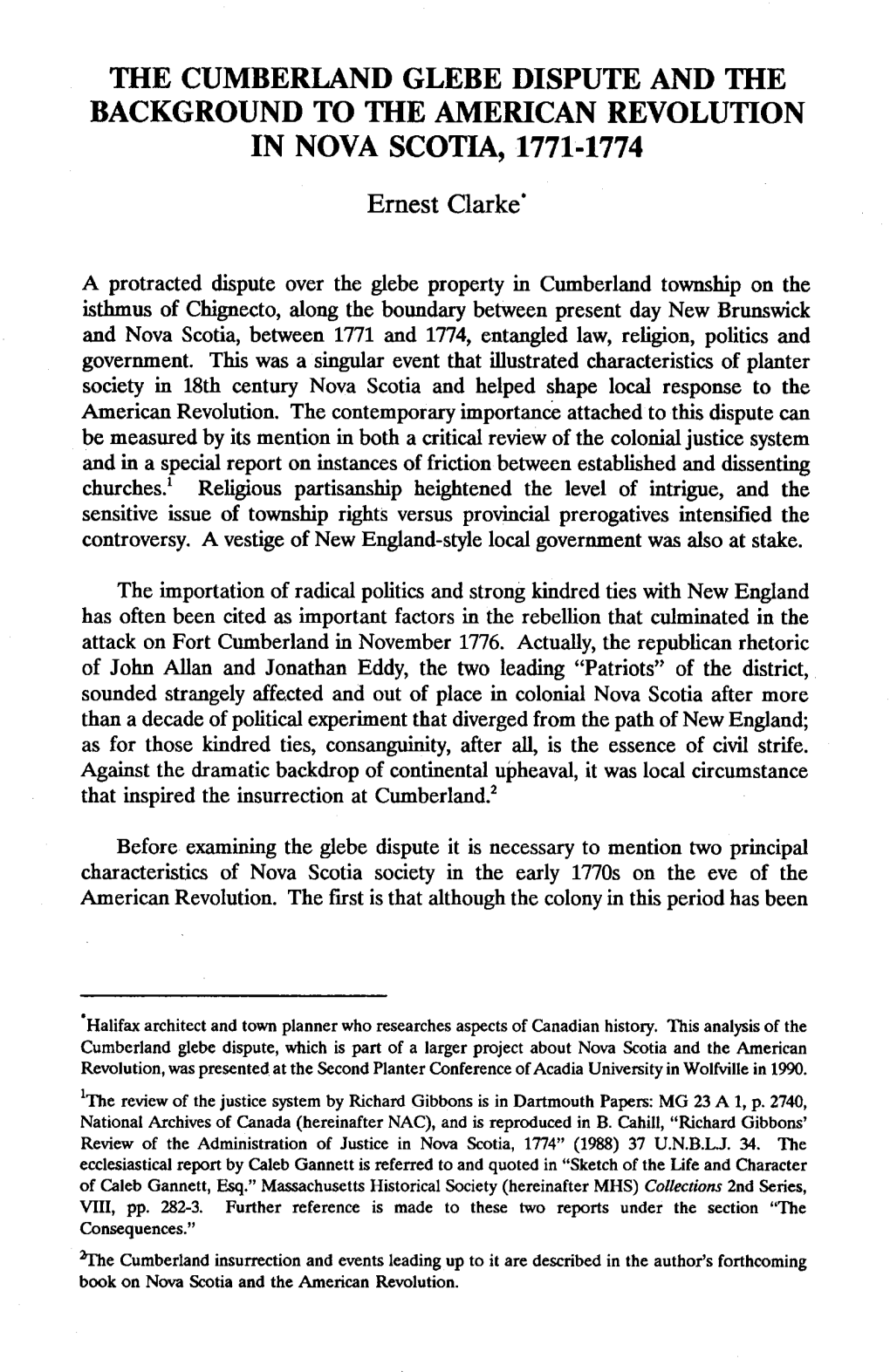 The Cumberland Glebe Dispute and the Background to the American Revolution in Nova Scotia, 1771-1774