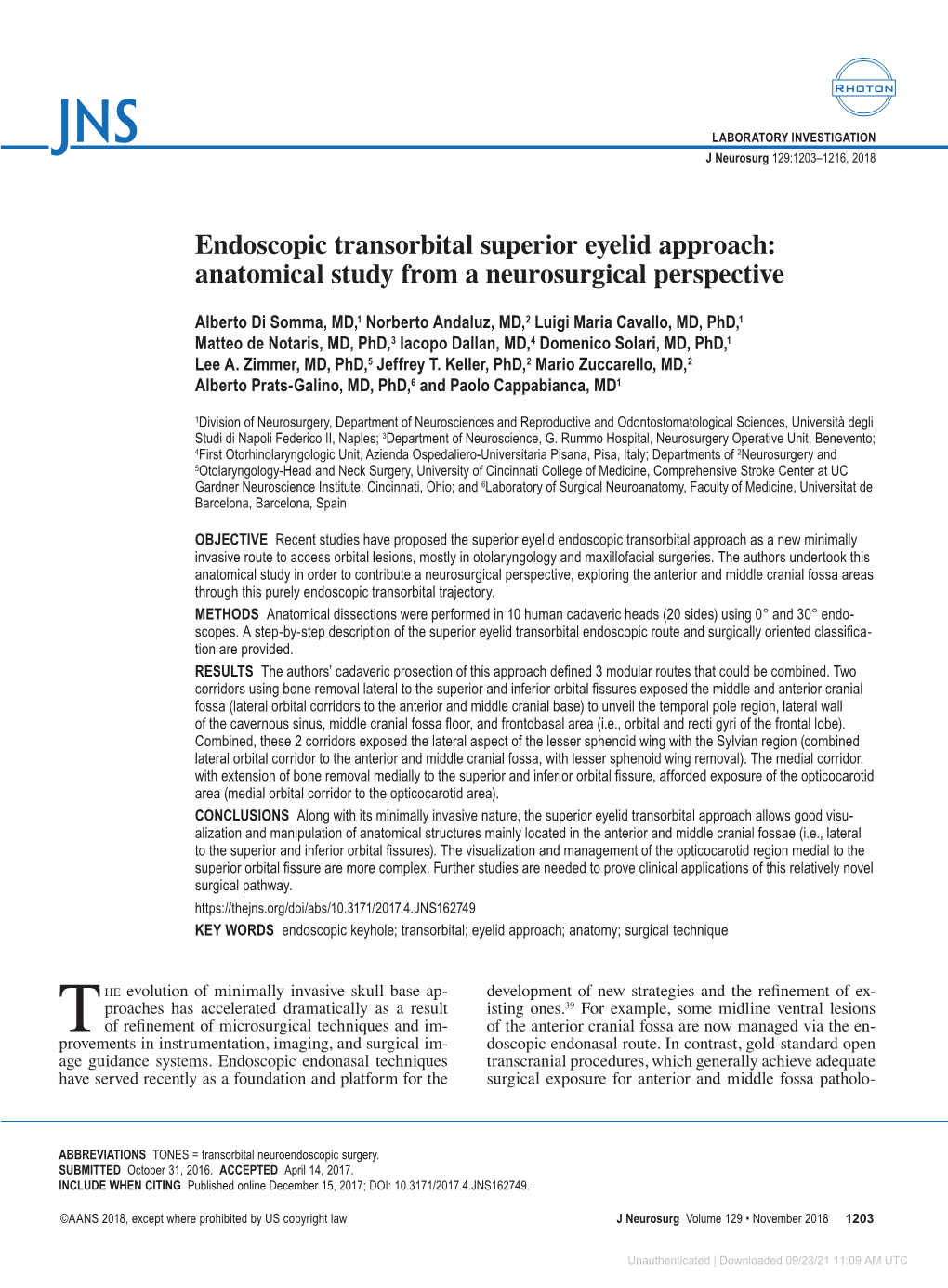 Endoscopic Transorbital Superior Eyelid Approach: Anatomical Study from a Neurosurgical Perspective