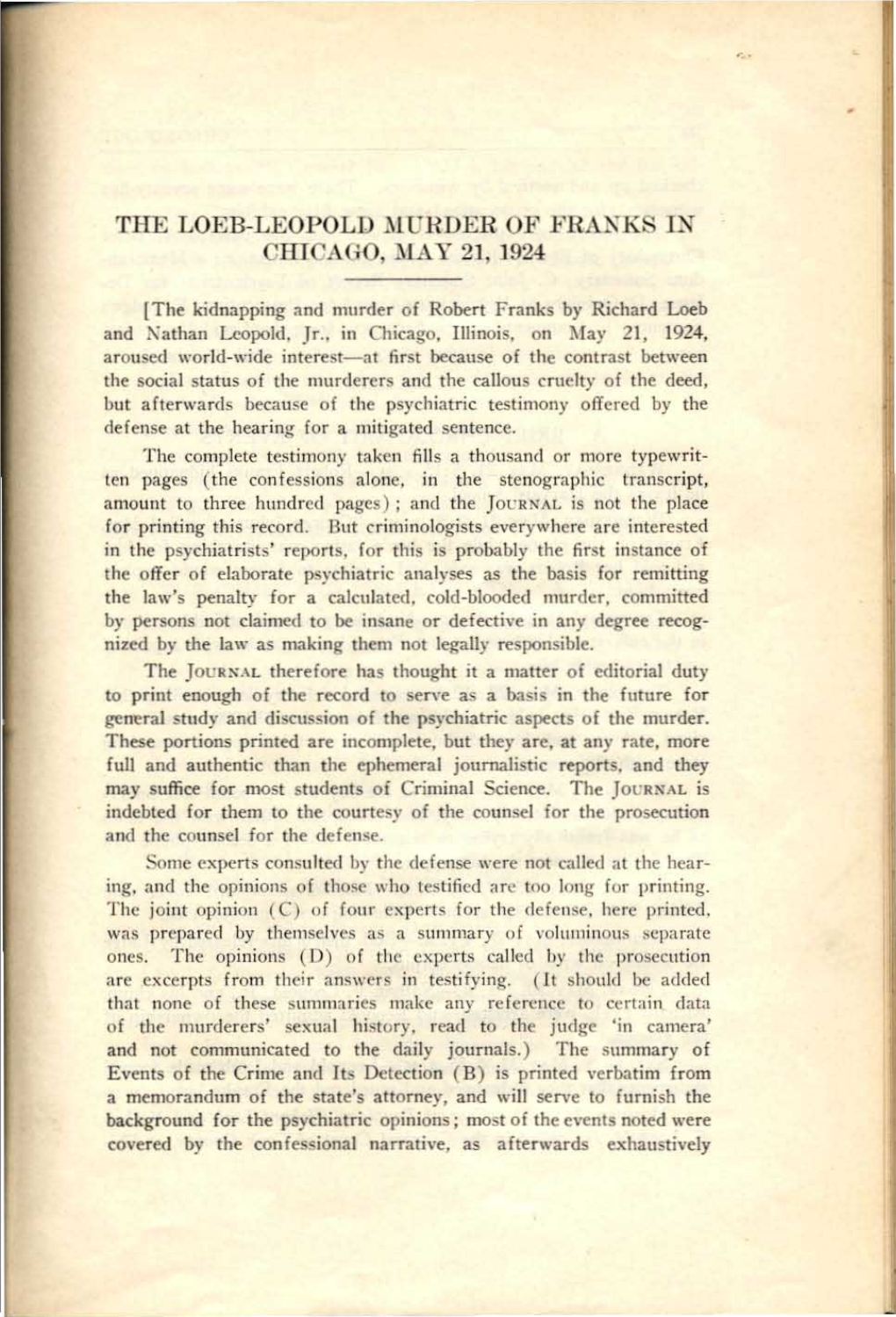 THE LOEB-LEOPOLD MURDER of FRANKS 1L'l' Cmcago, MJ\Y 21, 1924