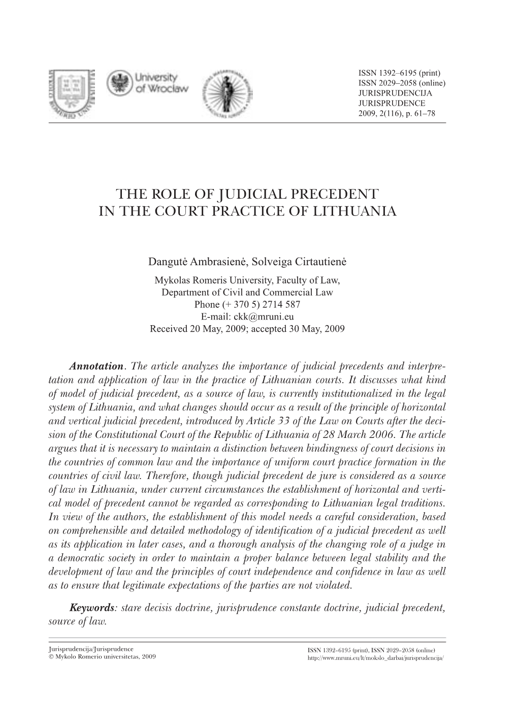 The Role of Judicial Precedent in the Court Practice of Lithuania