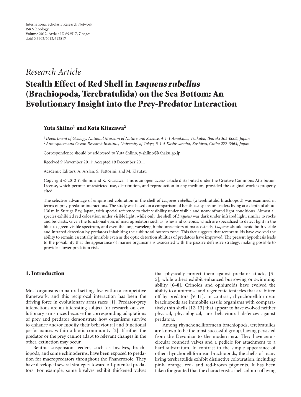 Stealth Effect of Red Shell in Laqueus Rubellus (Brachiopoda, Terebratulida) on the Sea Bottom: an Evolutionary Insight Into the Prey-Predator Interaction