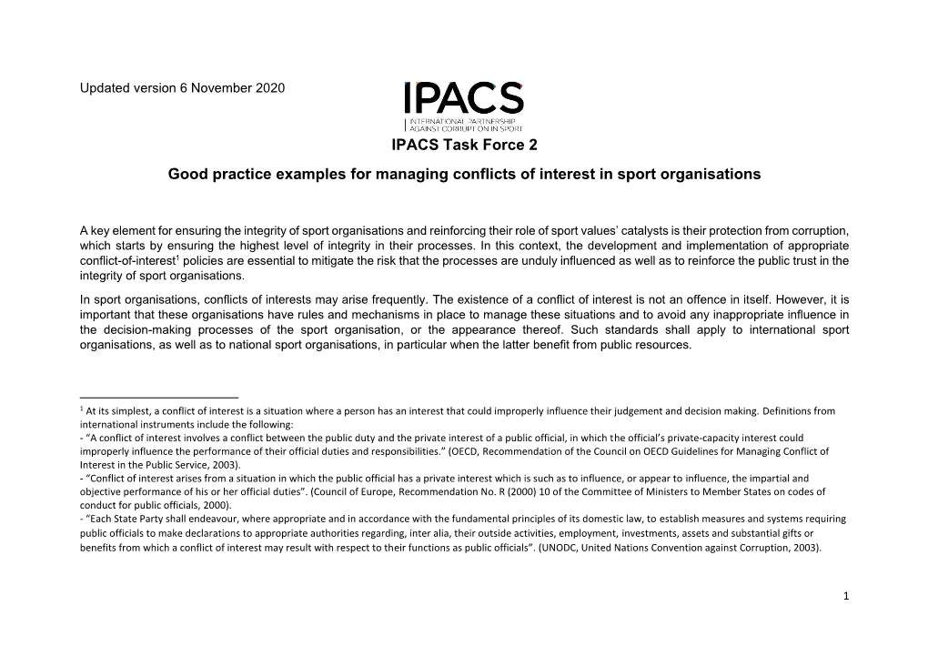 IPACS Task Force 2 Good Practice Examples for Managing Conflicts of Interest in Sport Organisations