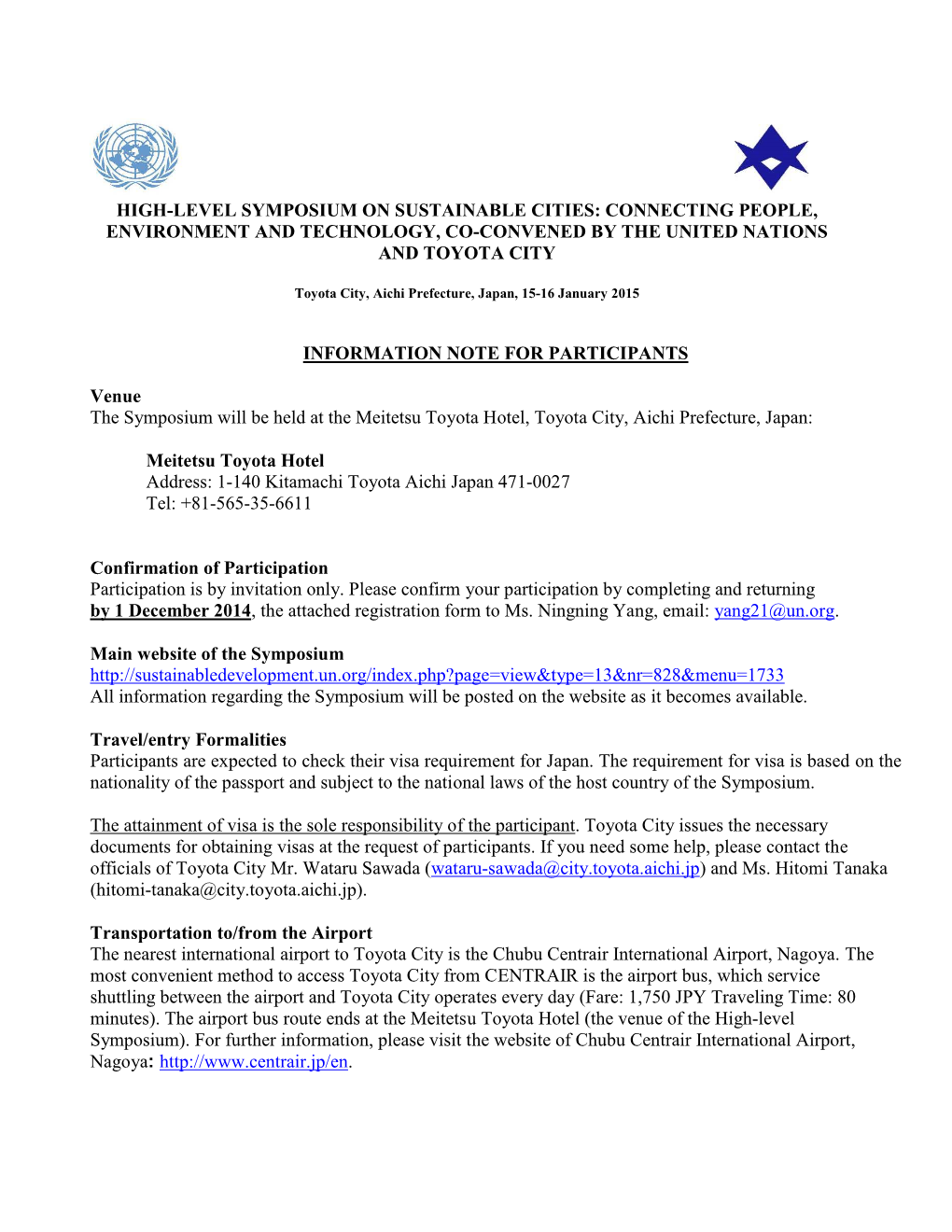 High-Level Symposium on Sustainable Cities: Connecting People, Environment and Technology, Co-Convened by the United Nations and Toyota City