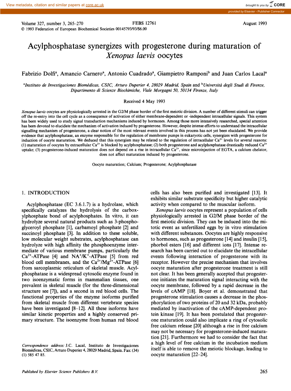 Acylphosphatase Synergizes with Progesterone During Maturation of Xenopus Laevis Oocytes