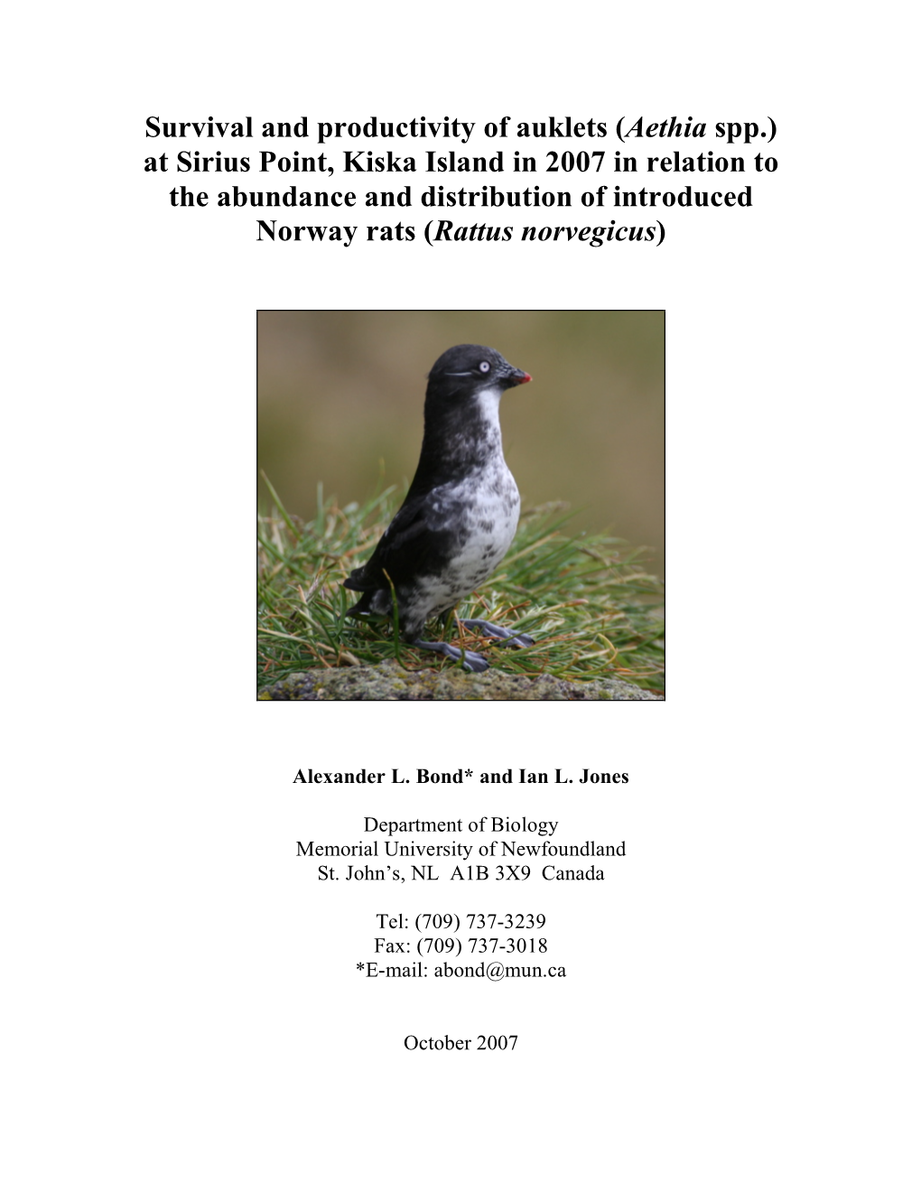 Survival and Productivity of Auklets (Aethia Spp.) at Sirius Point, Kiska