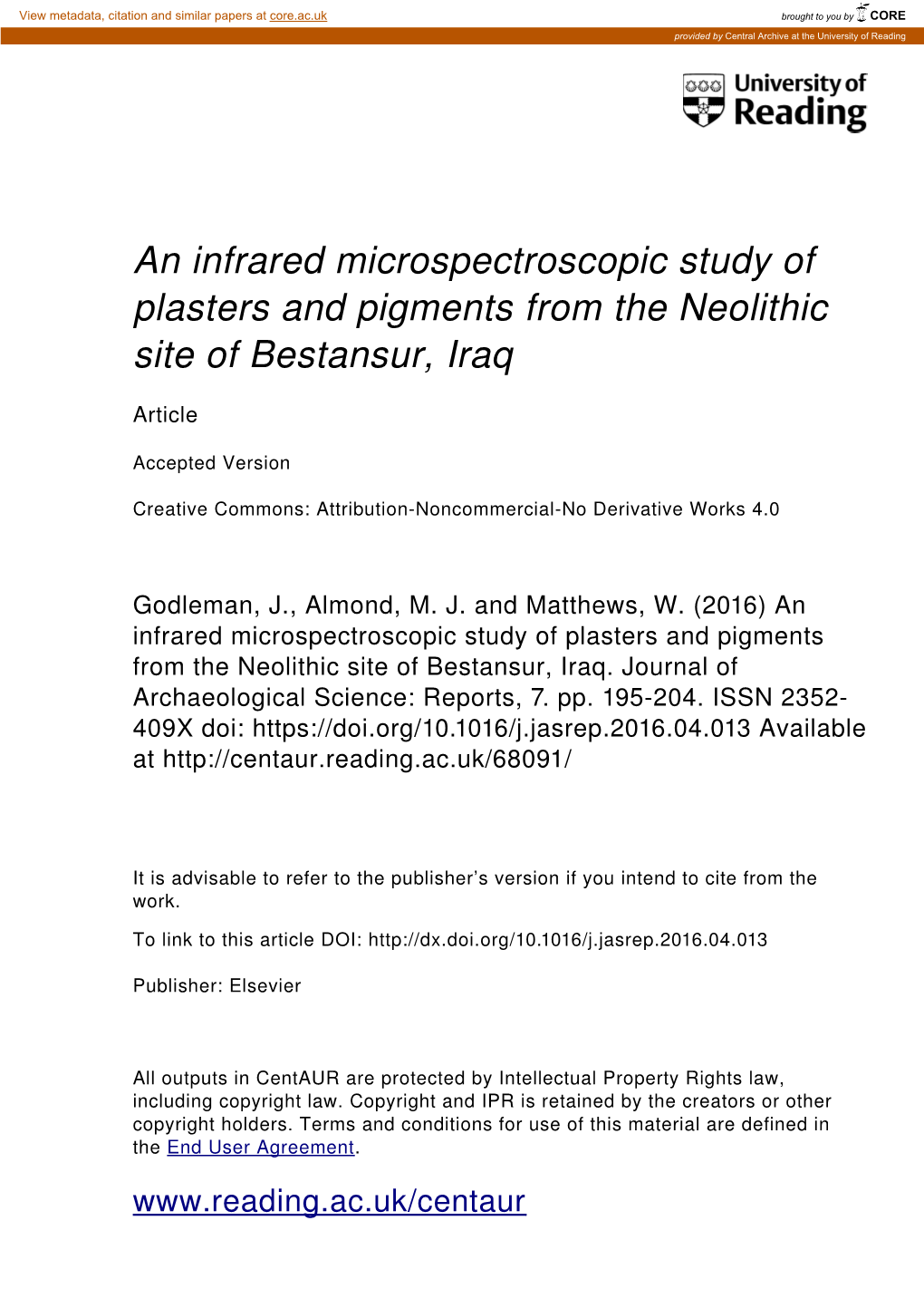 An Infrared Microspectroscopic Study of Plasters and Pigments from the Neolithic Site of Bestansur, Iraq