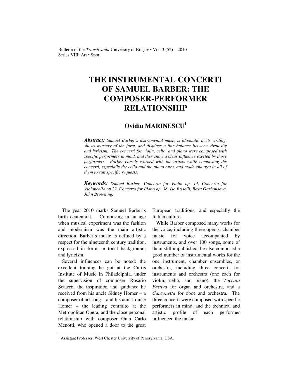 The Instrumental Concerti of Samuel Barber: the Composer-Performer Relationship