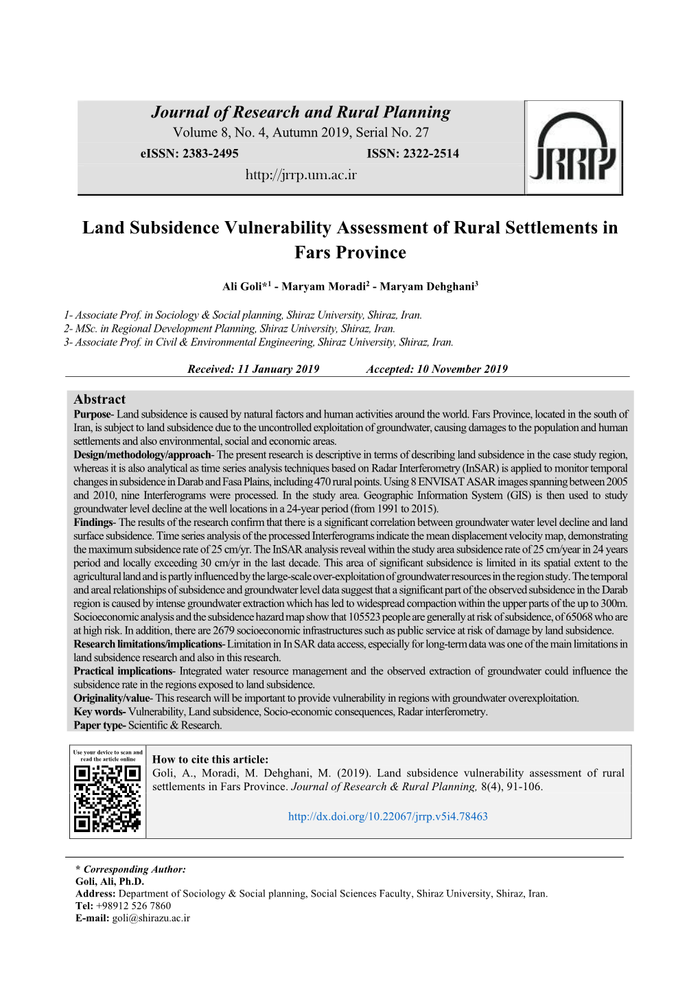 Land Subsidence Vulnerability Assessment of Rural Settlements in Fars Province