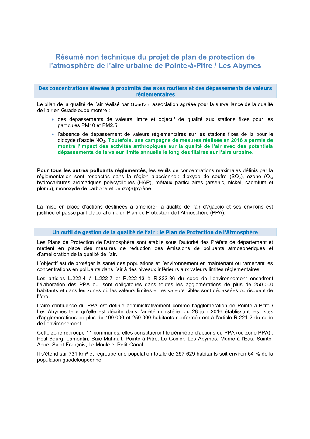 Résumé Non Technique Du Projet De Plan De Protection De L'atmosphère