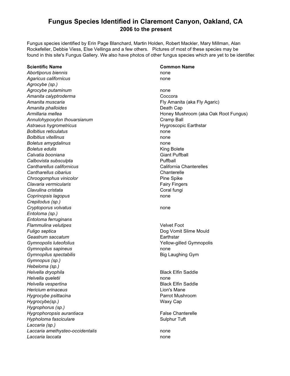 Fungus Species Identified in Claremont Canyon, Oakland, CA 2006 to the Present