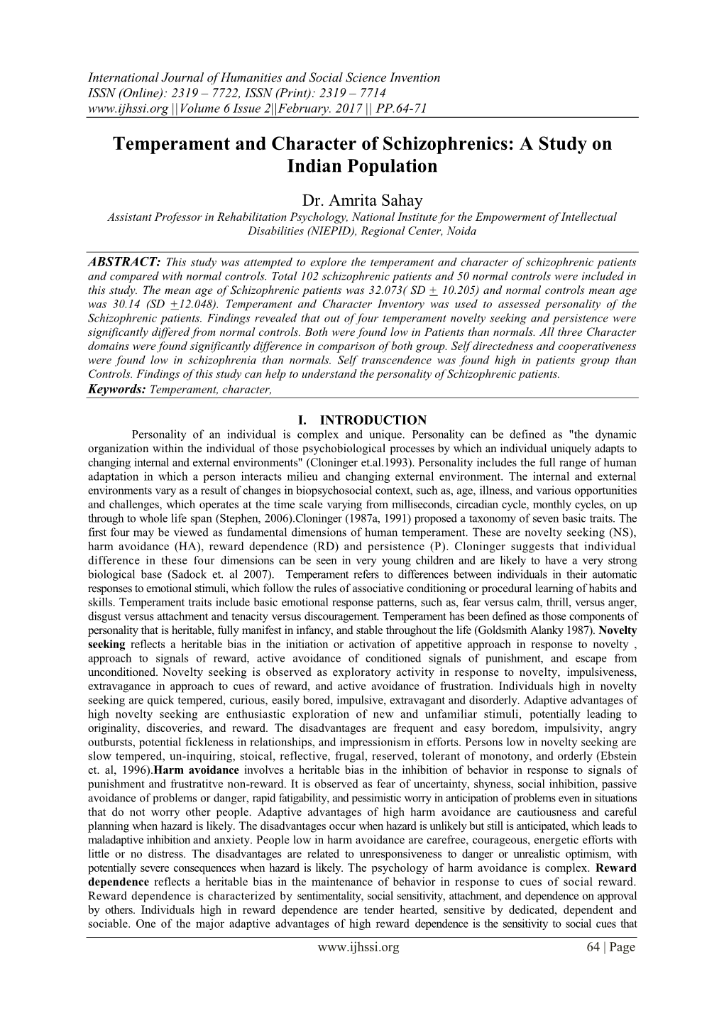 Temperament and Character of Schizophrenics: a Study on Indian Population
