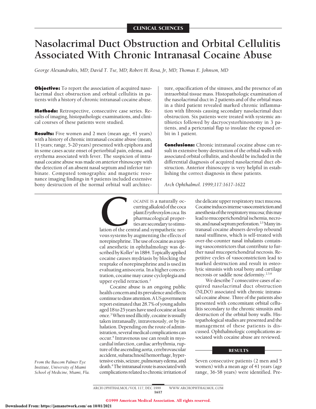 Nasolacrimal Duct Obstruction and Orbital Cellulitis Associated with Chronic Intranasal Cocaine Abuse