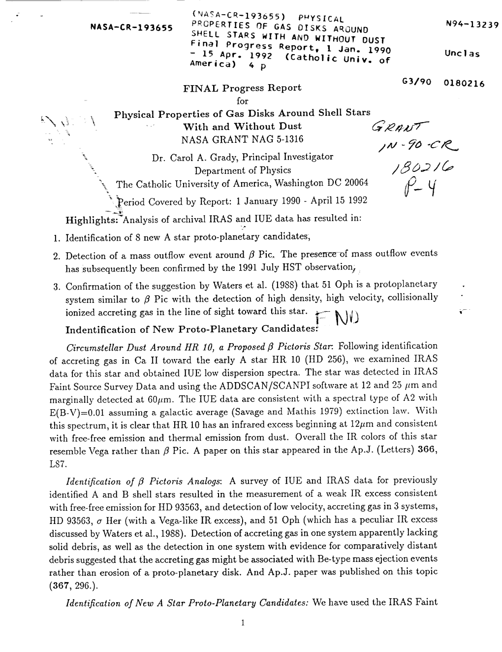 NASA-CR-193655 FINAL Progress Report for Physical Properties Of