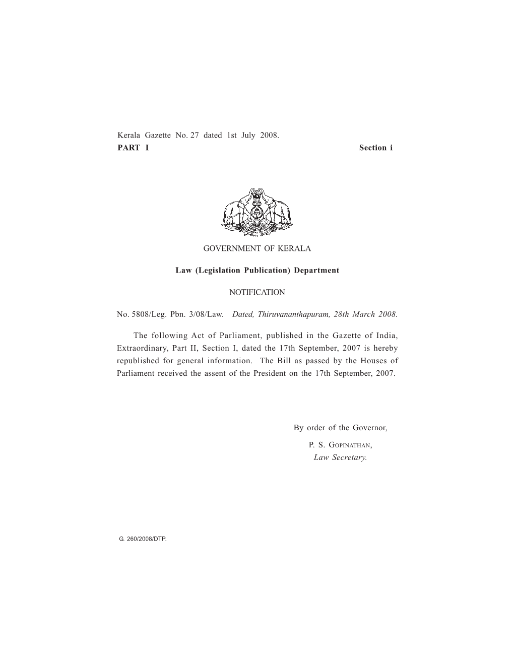 GOVERNMENT of KERALA Law (Legislation Publication
