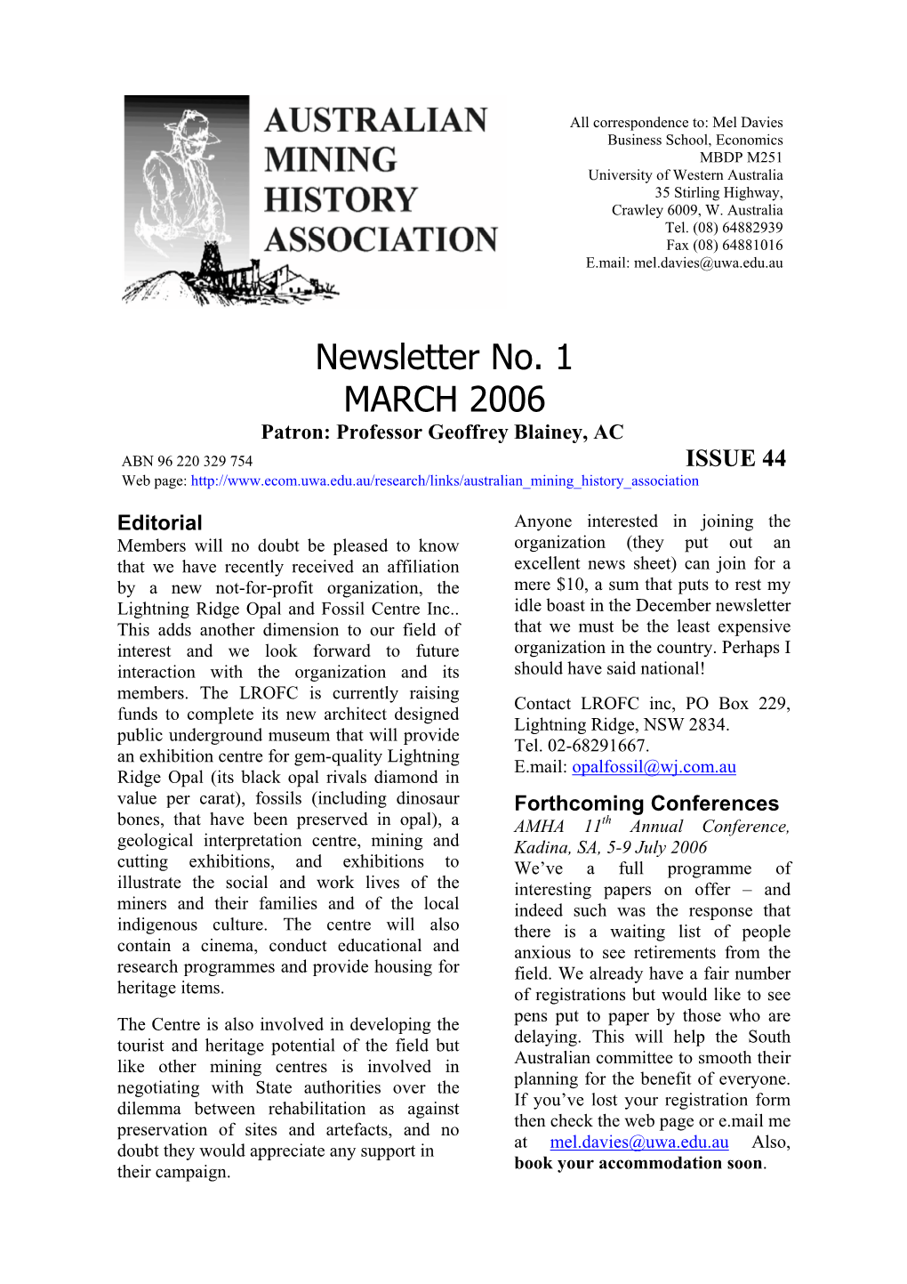 Newsletter No. 1 MARCH 2006