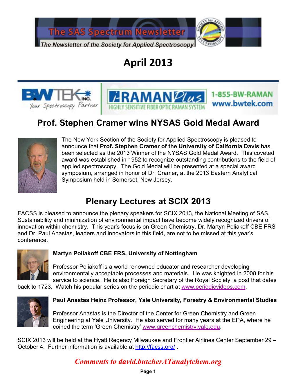 April 2013 Newsletter. Professor Stephen Cramer Wins NYSAS Gold