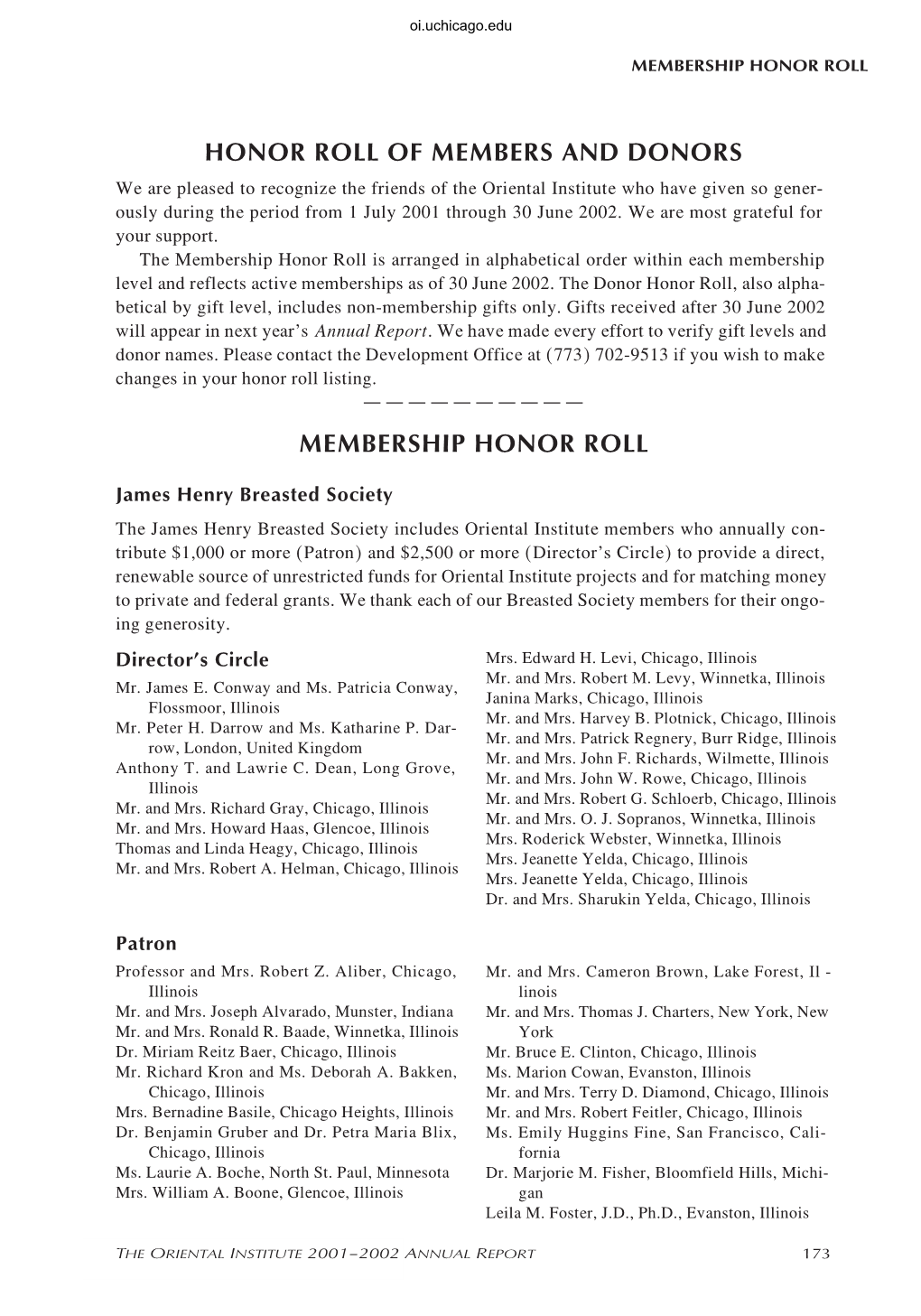 Honor Roll of Members and Donors Membership Honor Roll